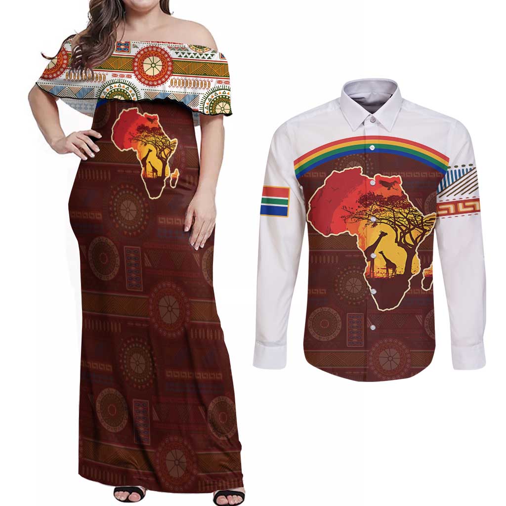 African Sunset Heritage Couples Matching Off Shoulder Maxi Dress and Long Sleeve Button Shirt Tribal Pattern with Continent Silhouette, Rainbow Arc & Safari Scene