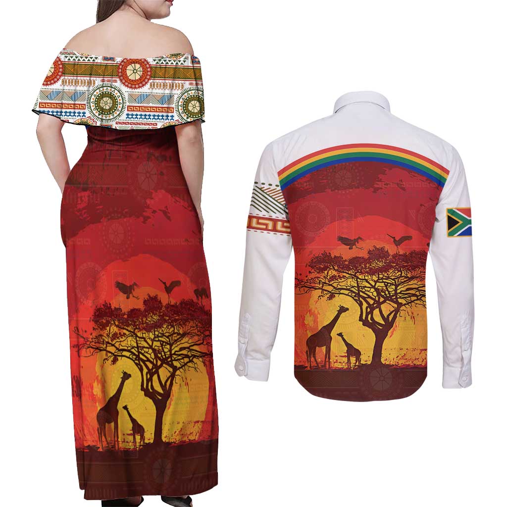 African Sunset Heritage Couples Matching Off Shoulder Maxi Dress and Long Sleeve Button Shirt Tribal Pattern with Continent Silhouette, Rainbow Arc & Safari Scene