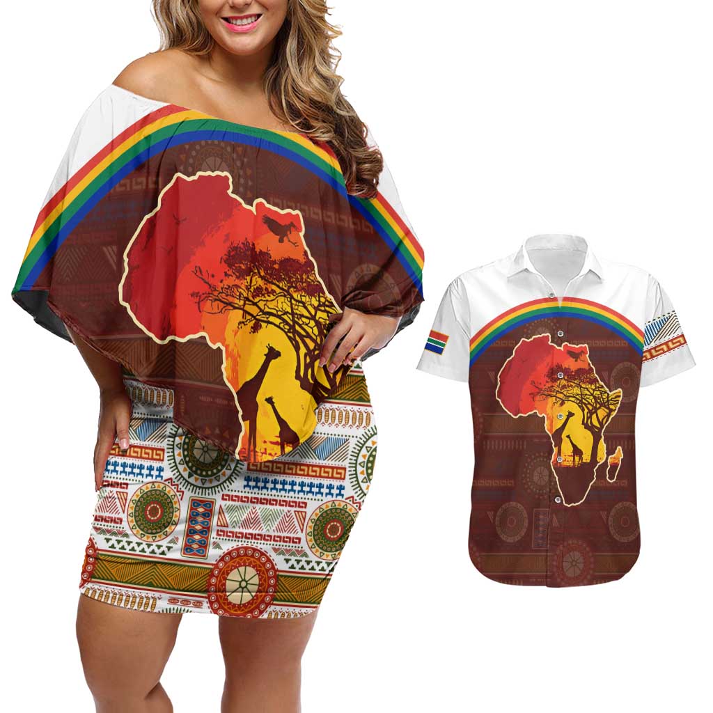 African Sunset Heritage Couples Matching Off Shoulder Short Dress and Hawaiian Shirt Tribal Pattern with Continent Silhouette, Rainbow Arc & Safari Scene