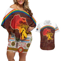 African Sunset Heritage Couples Matching Off Shoulder Short Dress and Hawaiian Shirt Tribal Pattern with Continent Silhouette, Rainbow Arc & Safari Scene