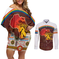 African Sunset Heritage Couples Matching Off Shoulder Short Dress and Long Sleeve Button Shirt Tribal Pattern with Continent Silhouette, Rainbow Arc & Safari Scene