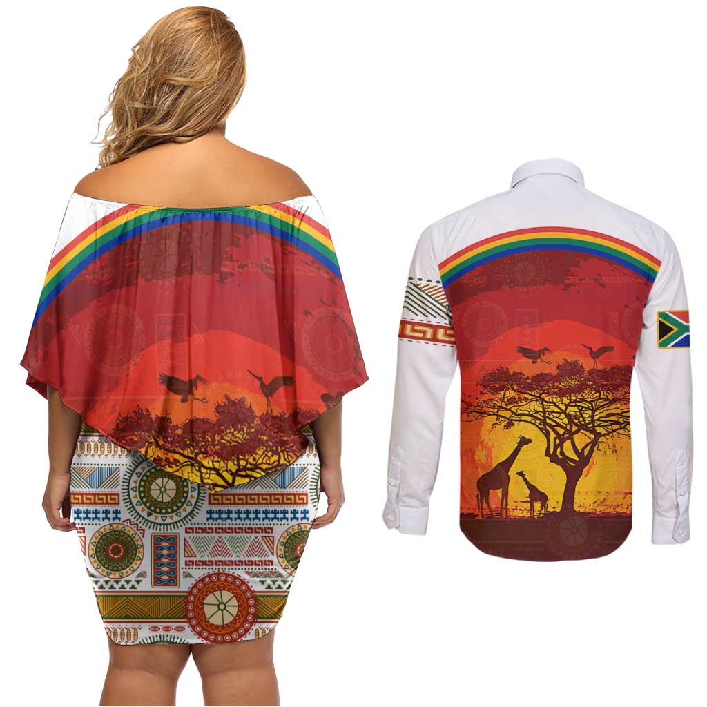 African Sunset Heritage Couples Matching Off Shoulder Short Dress and Long Sleeve Button Shirt Tribal Pattern with Continent Silhouette, Rainbow Arc & Safari Scene
