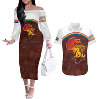 African Sunset Heritage Couples Matching Off The Shoulder Long Sleeve Dress and Hawaiian Shirt Tribal Pattern with Continent Silhouette, Rainbow Arc & Safari Scene