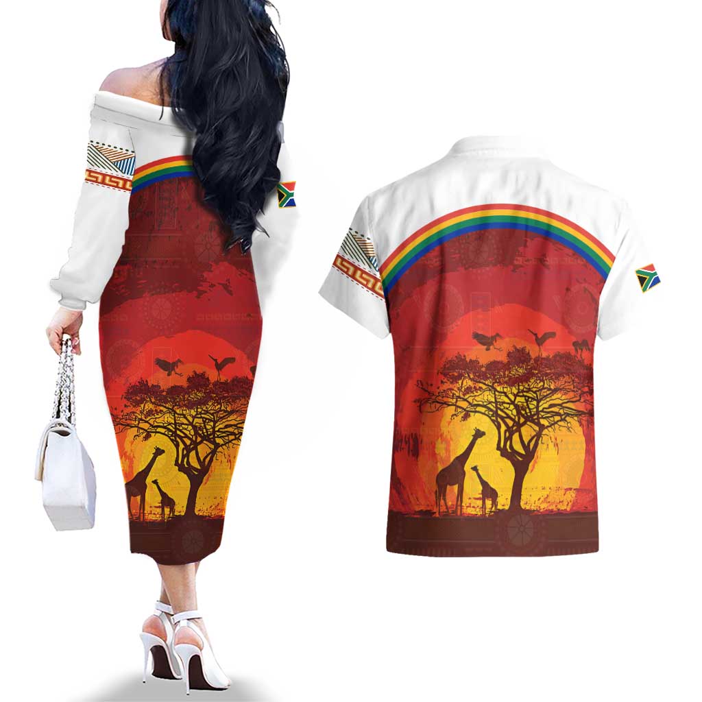 African Sunset Heritage Couples Matching Off The Shoulder Long Sleeve Dress and Hawaiian Shirt Tribal Pattern with Continent Silhouette, Rainbow Arc & Safari Scene