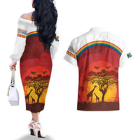 African Sunset Heritage Couples Matching Off The Shoulder Long Sleeve Dress and Hawaiian Shirt Tribal Pattern with Continent Silhouette, Rainbow Arc & Safari Scene