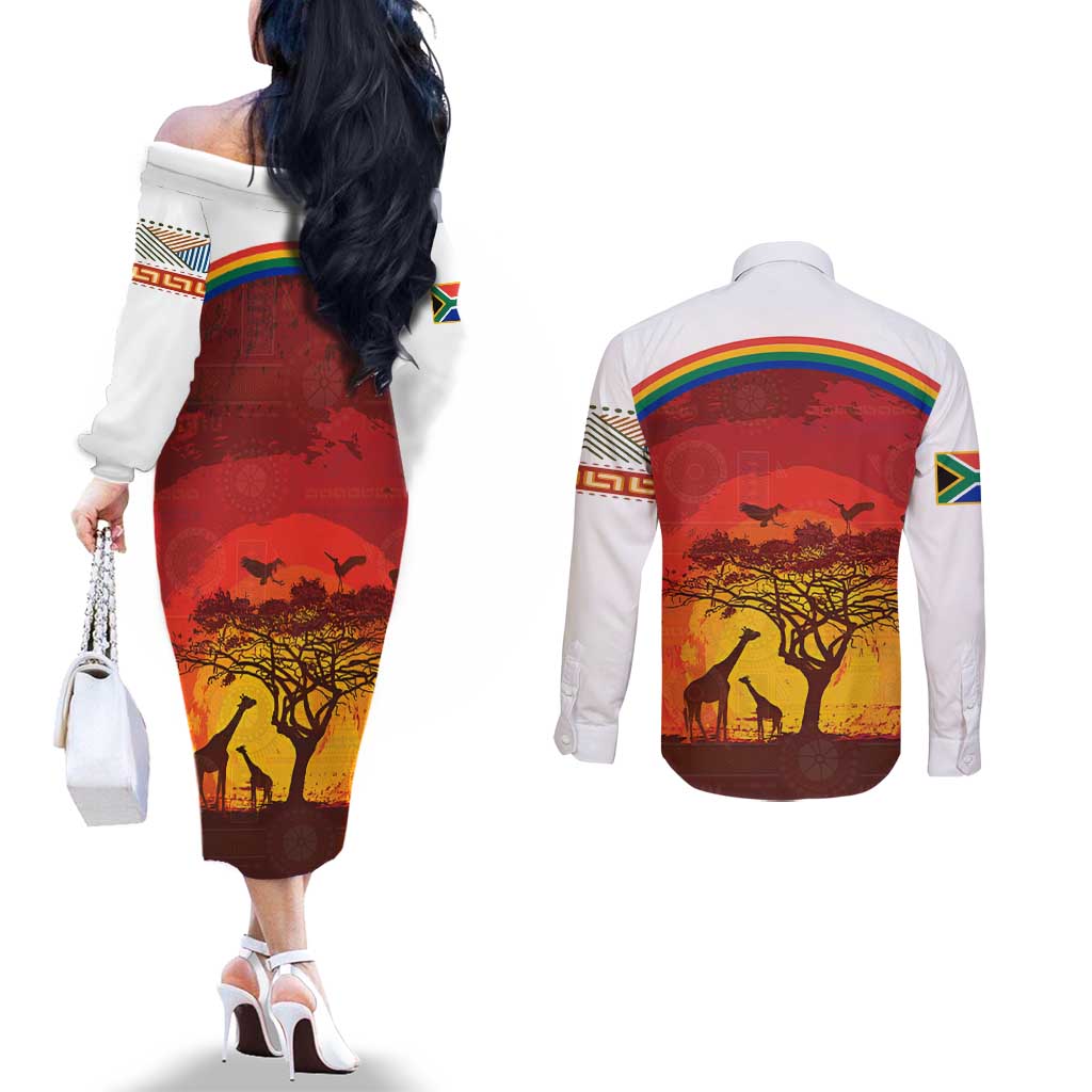 African Sunset Heritage Couples Matching Off The Shoulder Long Sleeve Dress and Long Sleeve Button Shirt Tribal Pattern with Continent Silhouette, Rainbow Arc & Safari Scene