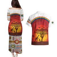 African Sunset Heritage Couples Matching Puletasi and Hawaiian Shirt Tribal Pattern with Continent Silhouette, Rainbow Arc & Safari Scene