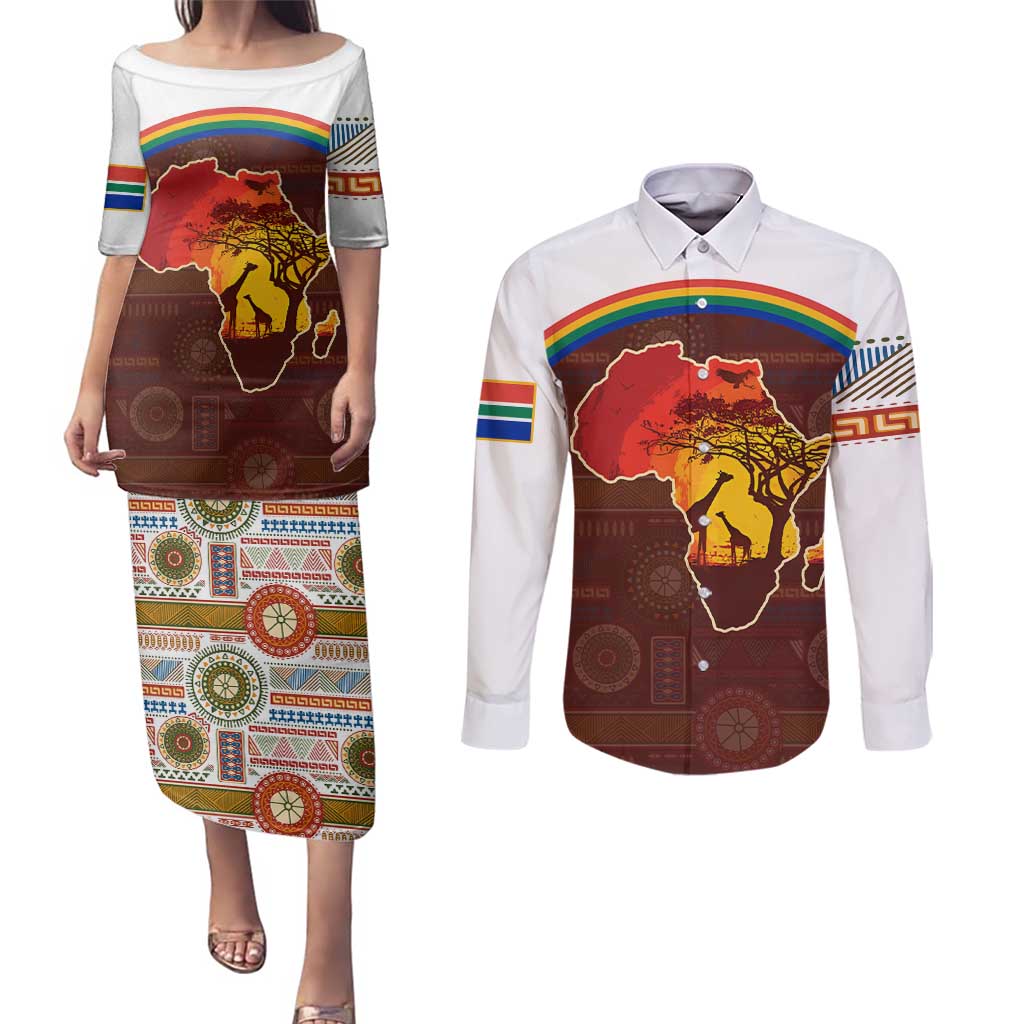 African Sunset Heritage Couples Matching Puletasi and Long Sleeve Button Shirt Tribal Pattern with Continent Silhouette, Rainbow Arc & Safari Scene