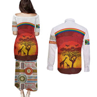 African Sunset Heritage Couples Matching Puletasi and Long Sleeve Button Shirt Tribal Pattern with Continent Silhouette, Rainbow Arc & Safari Scene