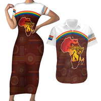 African Sunset Heritage Couples Matching Short Sleeve Bodycon Dress and Hawaiian Shirt Tribal Pattern with Continent Silhouette, Rainbow Arc & Safari Scene
