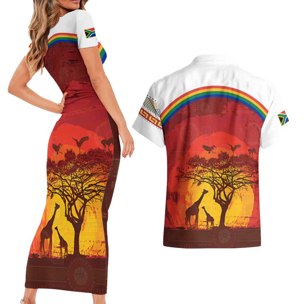 African Sunset Heritage Couples Matching Short Sleeve Bodycon Dress and Hawaiian Shirt Tribal Pattern with Continent Silhouette, Rainbow Arc & Safari Scene
