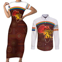 African Sunset Heritage Couples Matching Short Sleeve Bodycon Dress and Long Sleeve Button Shirt Tribal Pattern with Continent Silhouette, Rainbow Arc & Safari Scene