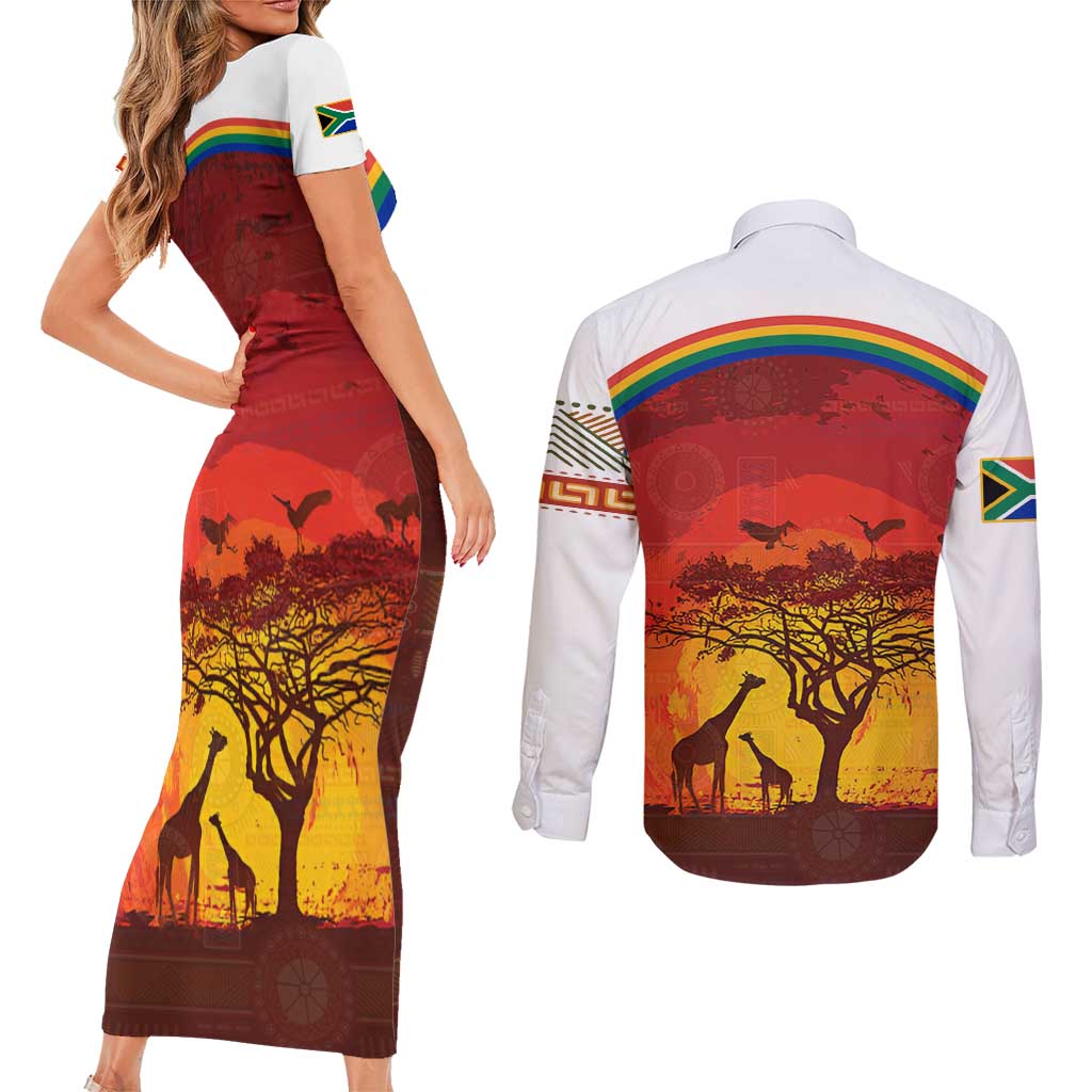 African Sunset Heritage Couples Matching Short Sleeve Bodycon Dress and Long Sleeve Button Shirt Tribal Pattern with Continent Silhouette, Rainbow Arc & Safari Scene