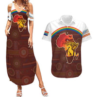 African Sunset Heritage Couples Matching Summer Maxi Dress and Hawaiian Shirt Tribal Pattern with Continent Silhouette, Rainbow Arc & Safari Scene