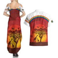 African Sunset Heritage Couples Matching Summer Maxi Dress and Hawaiian Shirt Tribal Pattern with Continent Silhouette, Rainbow Arc & Safari Scene