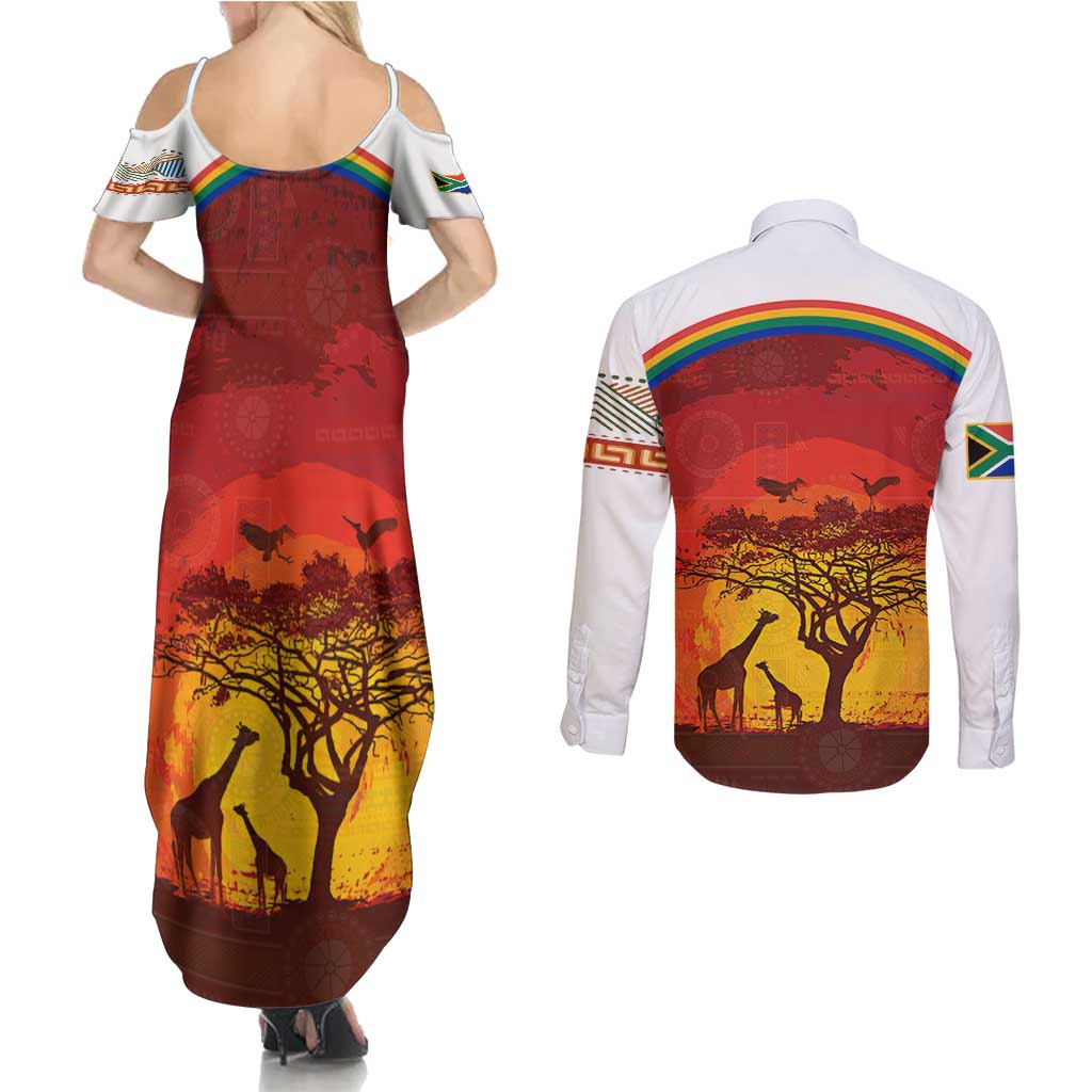 African Sunset Heritage Couples Matching Summer Maxi Dress and Long Sleeve Button Shirt Tribal Pattern with Continent Silhouette, Rainbow Arc & Safari Scene