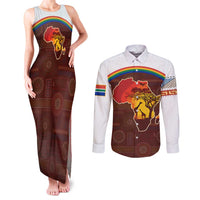 African Sunset Heritage Couples Matching Tank Maxi Dress and Long Sleeve Button Shirt Tribal Pattern with Continent Silhouette, Rainbow Arc & Safari Scene
