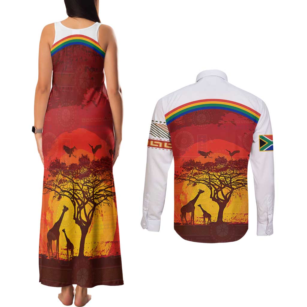African Sunset Heritage Couples Matching Tank Maxi Dress and Long Sleeve Button Shirt Tribal Pattern with Continent Silhouette, Rainbow Arc & Safari Scene