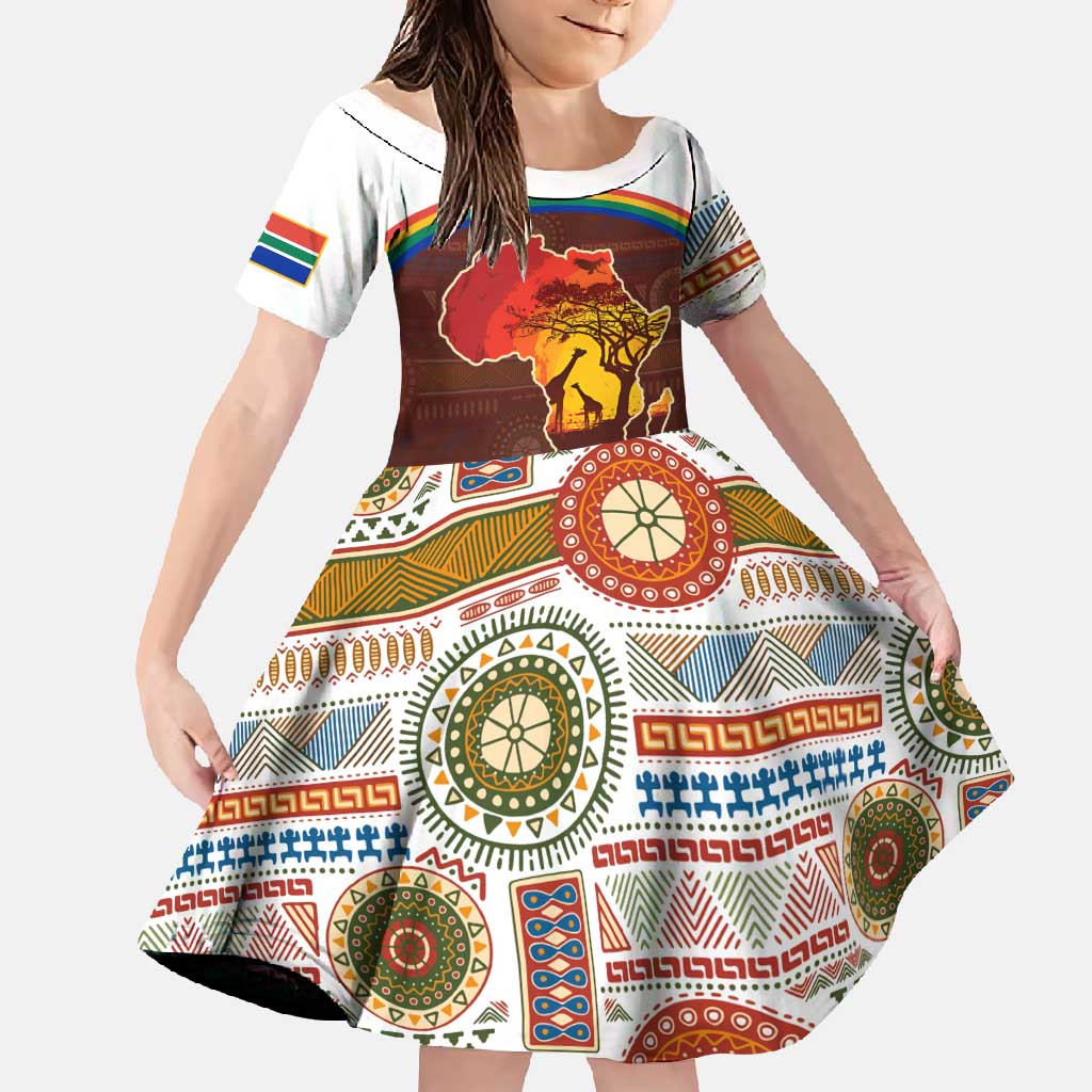 African Sunset Heritage Family Matching Long Sleeve Bodycon Dress and Hawaiian Shirt Tribal Pattern with Continent Silhouette, Rainbow Arc & Safari Scene