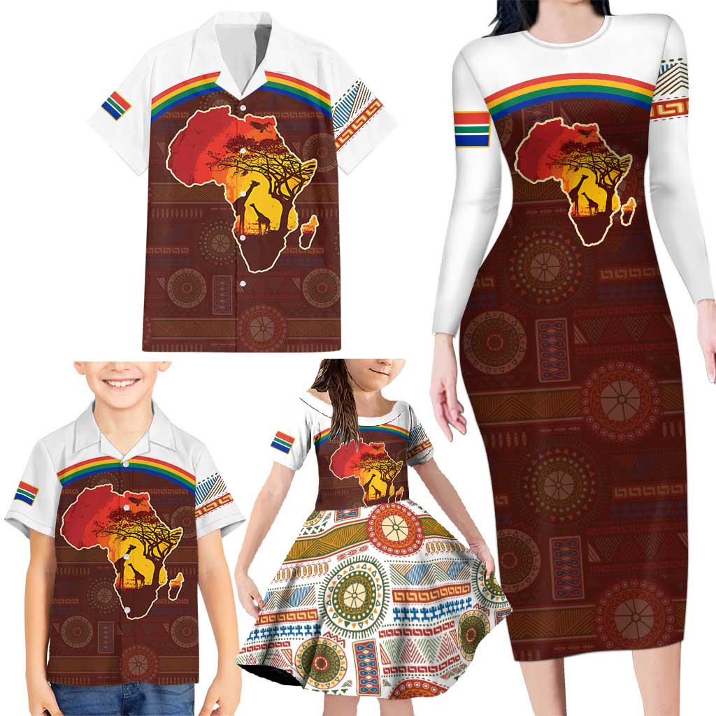 African Sunset Heritage Family Matching Long Sleeve Bodycon Dress and Hawaiian Shirt Tribal Pattern with Continent Silhouette, Rainbow Arc & Safari Scene