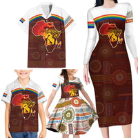 African Sunset Heritage Family Matching Long Sleeve Bodycon Dress and Hawaiian Shirt Tribal Pattern with Continent Silhouette, Rainbow Arc & Safari Scene