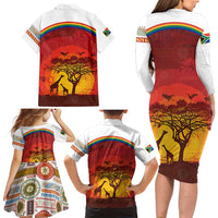 African Sunset Heritage Family Matching Long Sleeve Bodycon Dress and Hawaiian Shirt Tribal Pattern with Continent Silhouette, Rainbow Arc & Safari Scene