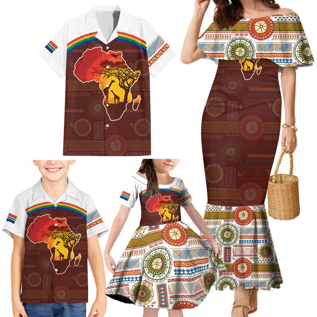 African Sunset Heritage Family Matching Mermaid Dress and Hawaiian Shirt Tribal Pattern with Continent Silhouette, Rainbow Arc & Safari Scene