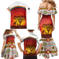 African Sunset Heritage Family Matching Mermaid Dress and Hawaiian Shirt Tribal Pattern with Continent Silhouette, Rainbow Arc & Safari Scene