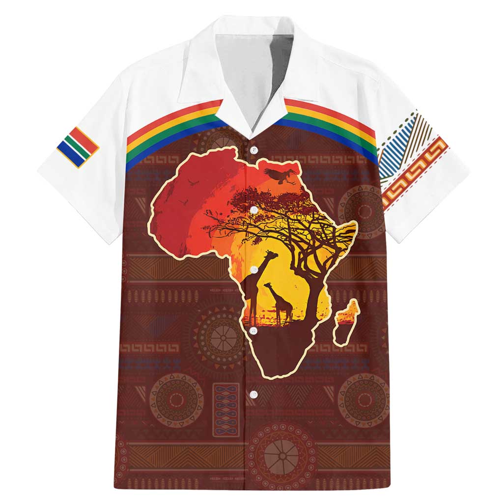 African Sunset Heritage Family Matching Mermaid Dress and Hawaiian Shirt Tribal Pattern with Continent Silhouette, Rainbow Arc & Safari Scene