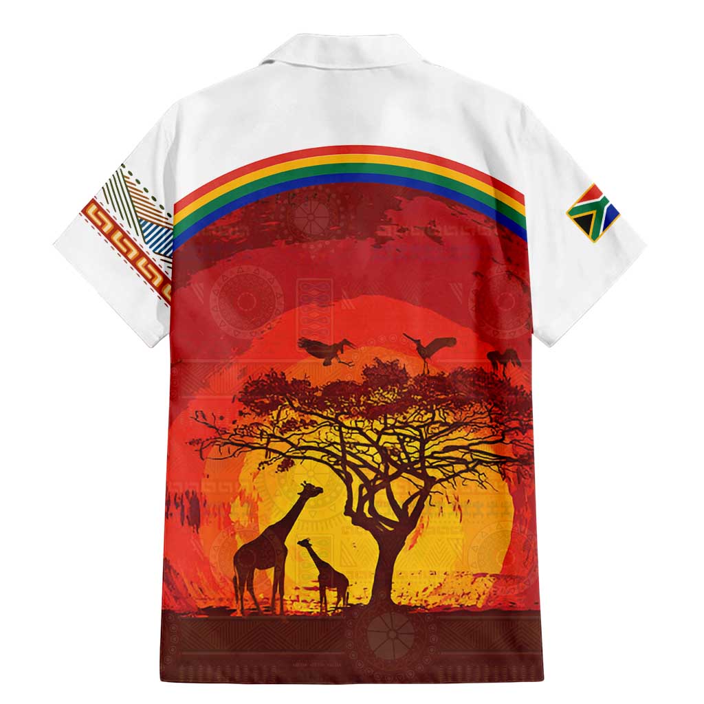 African Sunset Heritage Family Matching Mermaid Dress and Hawaiian Shirt Tribal Pattern with Continent Silhouette, Rainbow Arc & Safari Scene