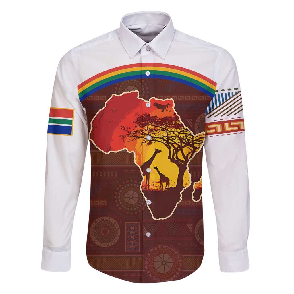 African Sunset Heritage Family Matching Mermaid Dress and Hawaiian Shirt Tribal Pattern with Continent Silhouette, Rainbow Arc & Safari Scene