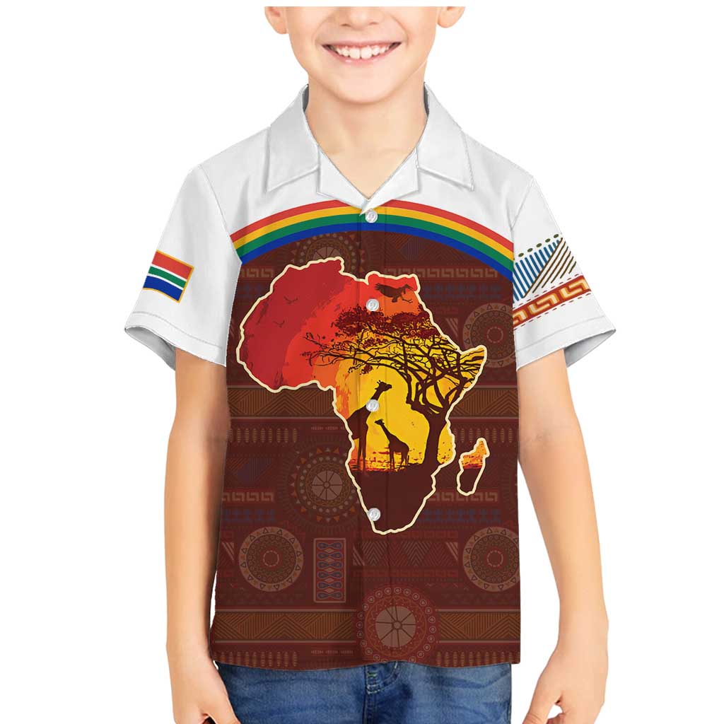 African Sunset Heritage Family Matching Mermaid Dress and Hawaiian Shirt Tribal Pattern with Continent Silhouette, Rainbow Arc & Safari Scene