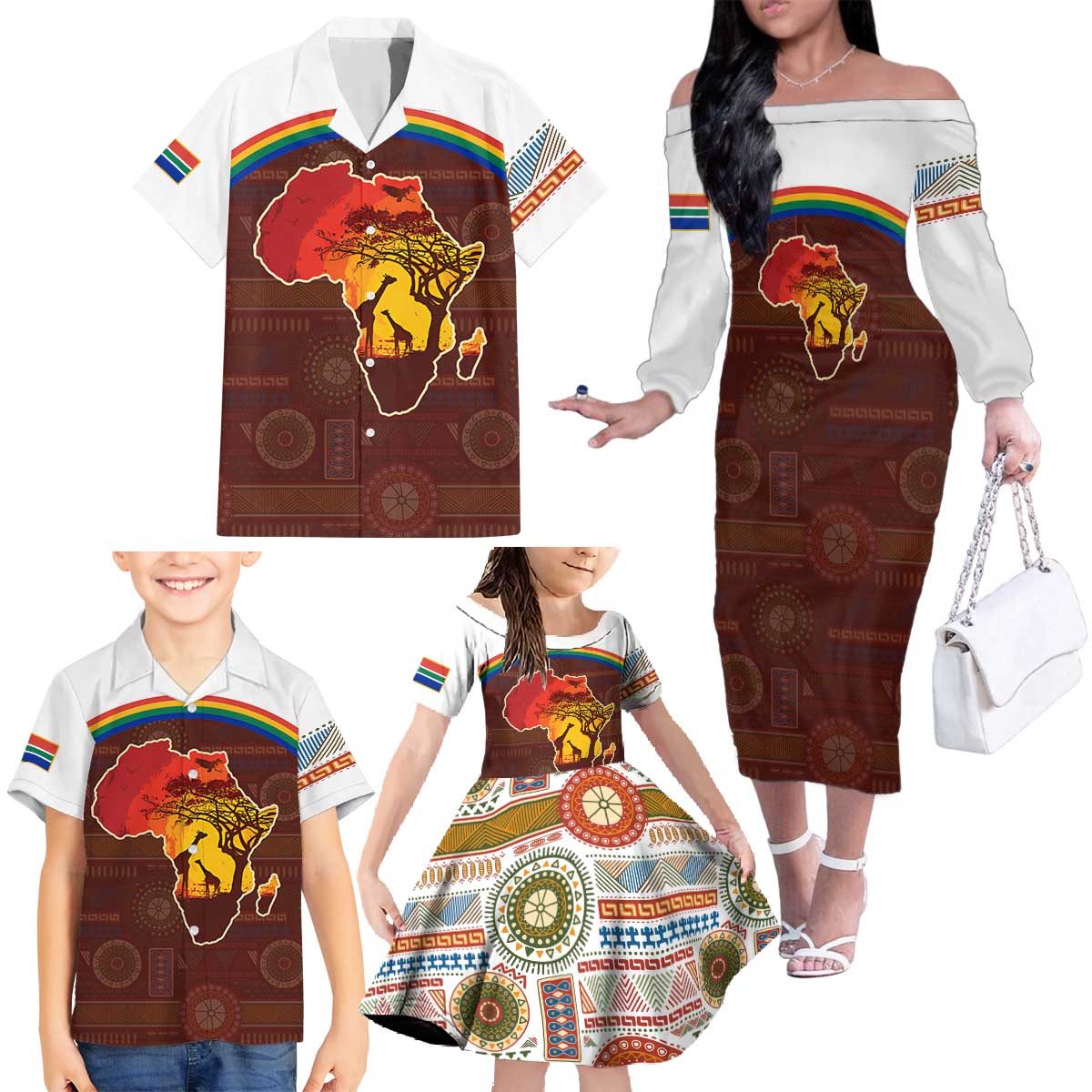 African Sunset Heritage Family Matching Off The Shoulder Long Sleeve Dress and Hawaiian Shirt Tribal Pattern with Continent Silhouette, Rainbow Arc & Safari Scene