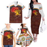 African Sunset Heritage Family Matching Off The Shoulder Long Sleeve Dress and Hawaiian Shirt Tribal Pattern with Continent Silhouette, Rainbow Arc & Safari Scene