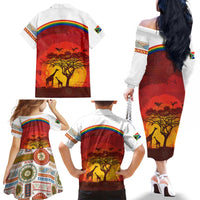 African Sunset Heritage Family Matching Off The Shoulder Long Sleeve Dress and Hawaiian Shirt Tribal Pattern with Continent Silhouette, Rainbow Arc & Safari Scene