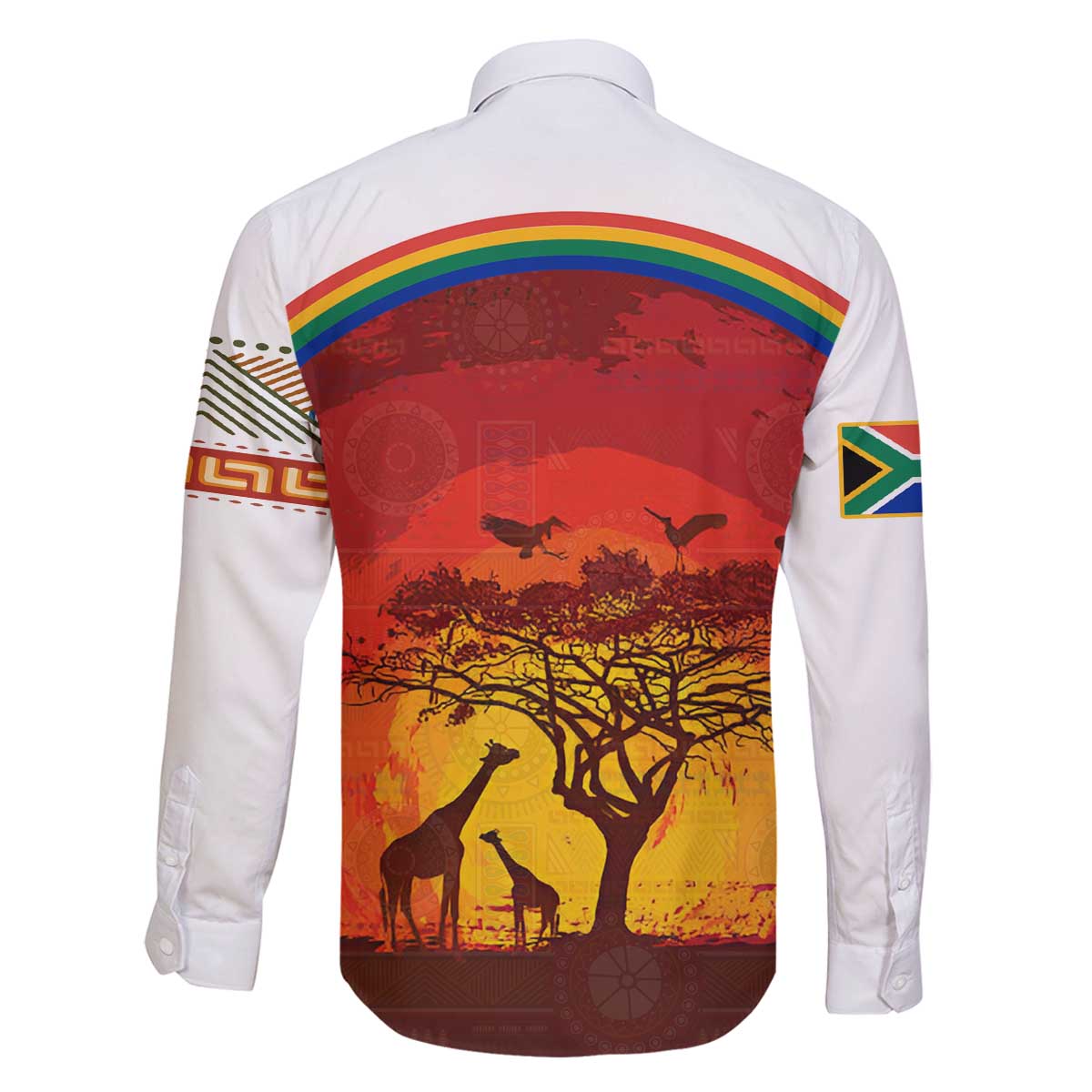 African Sunset Heritage Family Matching Off The Shoulder Long Sleeve Dress and Hawaiian Shirt Tribal Pattern with Continent Silhouette, Rainbow Arc & Safari Scene