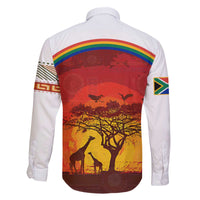 African Sunset Heritage Family Matching Off The Shoulder Long Sleeve Dress and Hawaiian Shirt Tribal Pattern with Continent Silhouette, Rainbow Arc & Safari Scene