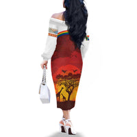 African Sunset Heritage Family Matching Off The Shoulder Long Sleeve Dress and Hawaiian Shirt Tribal Pattern with Continent Silhouette, Rainbow Arc & Safari Scene