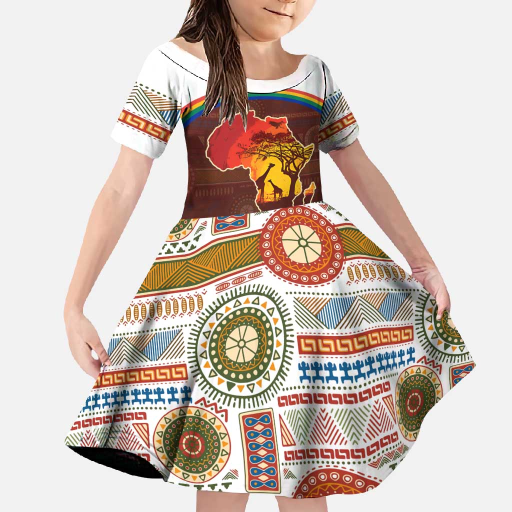 African Sunset Heritage Family Matching Off Shoulder Maxi Dress and Hawaiian Shirt Tribal Pattern with Continent Silhouette, Rainbow Arc & Safari Scene