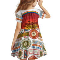African Sunset Heritage Family Matching Off Shoulder Maxi Dress and Hawaiian Shirt Tribal Pattern with Continent Silhouette, Rainbow Arc & Safari Scene
