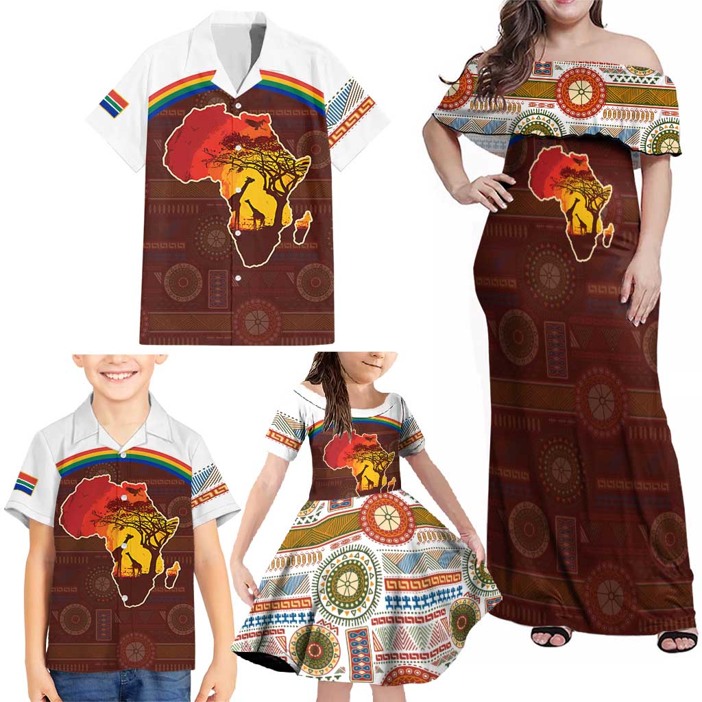 African Sunset Heritage Family Matching Off Shoulder Maxi Dress and Hawaiian Shirt Tribal Pattern with Continent Silhouette, Rainbow Arc & Safari Scene