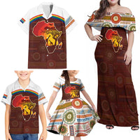 African Sunset Heritage Family Matching Off Shoulder Maxi Dress and Hawaiian Shirt Tribal Pattern with Continent Silhouette, Rainbow Arc & Safari Scene