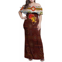 African Sunset Heritage Family Matching Off Shoulder Maxi Dress and Hawaiian Shirt Tribal Pattern with Continent Silhouette, Rainbow Arc & Safari Scene