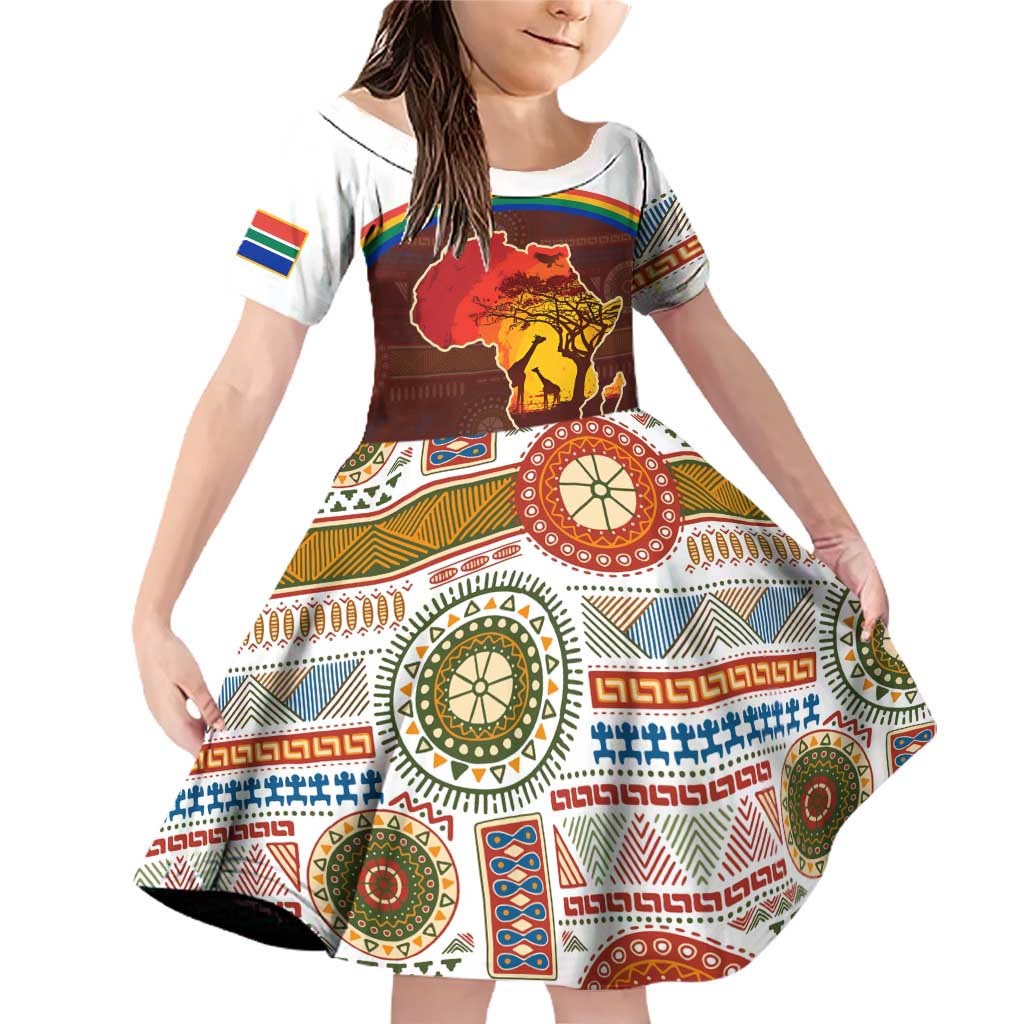 African Sunset Heritage Family Matching Off Shoulder Short Dress and Hawaiian Shirt Tribal Pattern with Continent Silhouette, Rainbow Arc & Safari Scene