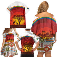 African Sunset Heritage Family Matching Off Shoulder Short Dress and Hawaiian Shirt Tribal Pattern with Continent Silhouette, Rainbow Arc & Safari Scene