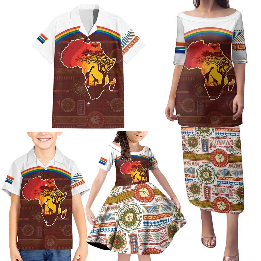 African Sunset Heritage Family Matching Puletasi and Hawaiian Shirt Tribal Pattern with Continent Silhouette, Rainbow Arc & Safari Scene