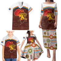 African Sunset Heritage Family Matching Puletasi and Hawaiian Shirt Tribal Pattern with Continent Silhouette, Rainbow Arc & Safari Scene