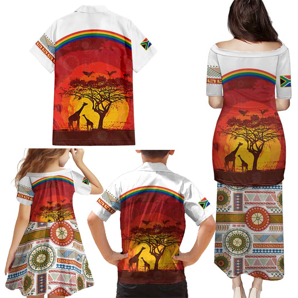 African Sunset Heritage Family Matching Puletasi and Hawaiian Shirt Tribal Pattern with Continent Silhouette, Rainbow Arc & Safari Scene
