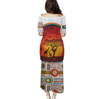 African Sunset Heritage Family Matching Puletasi and Hawaiian Shirt Tribal Pattern with Continent Silhouette, Rainbow Arc & Safari Scene