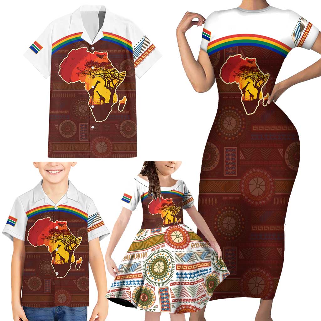 African Sunset Heritage Family Matching Short Sleeve Bodycon Dress and Hawaiian Shirt Tribal Pattern with Continent Silhouette, Rainbow Arc & Safari Scene